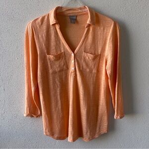 Chico’s Small Linen V Neck Button Top in Peach 3/4 Sleeves Casual Lightweight